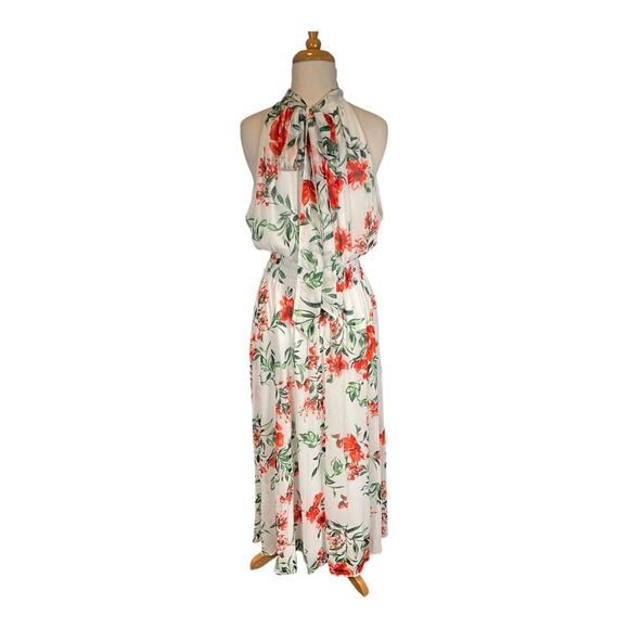 Calvin Klein Floral Print A-Line Halter Dress Chiffon Smocked Waist Tie at Back - Picture 3 of 14